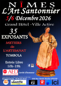 Cartel de L'Art Santonnier en Nimes, 5 y 6 de diciembre de 2026, en el Grand Hôtel, entrada libre de 10:00 a 19:00