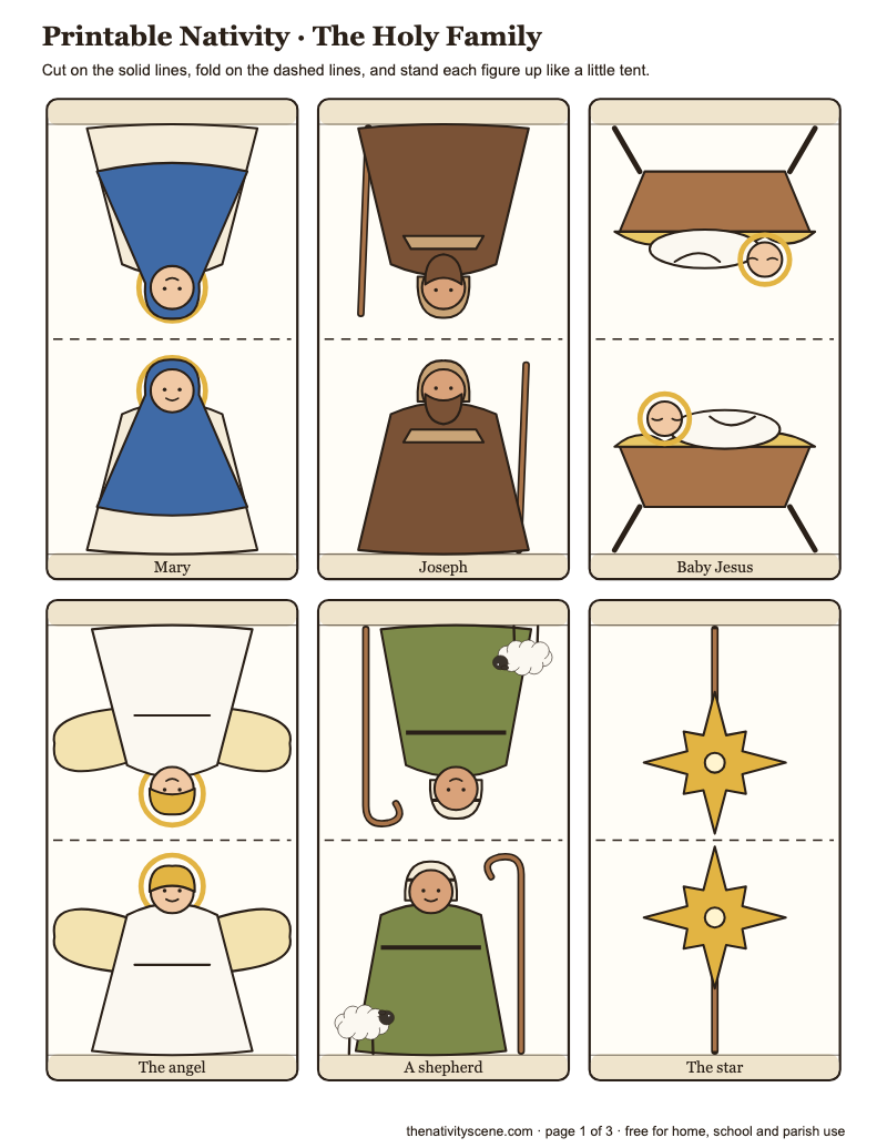 Página 1 del pesebre para imprimir: María, José, el Niño Jesús, el ángel, un pastor y la estrella, listos para recortar y doblar