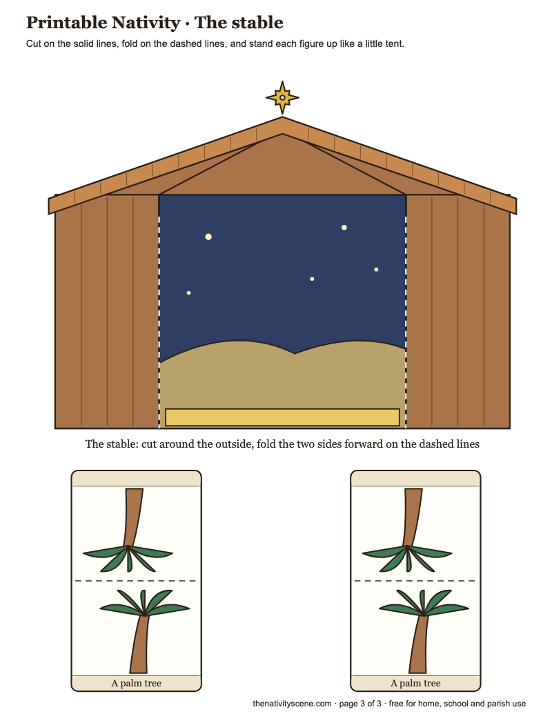 Página 3 del pesebre para imprimir: un establo plegable con cielo estrellado y dos palmeras